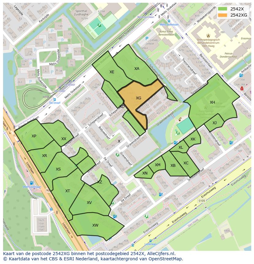 Afbeelding van het postcodegebied 2542 XG op de kaart.