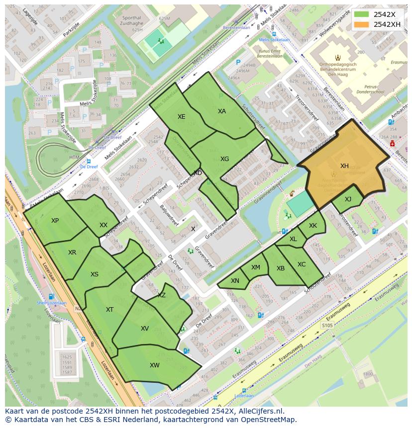Afbeelding van het postcodegebied 2542 XH op de kaart.