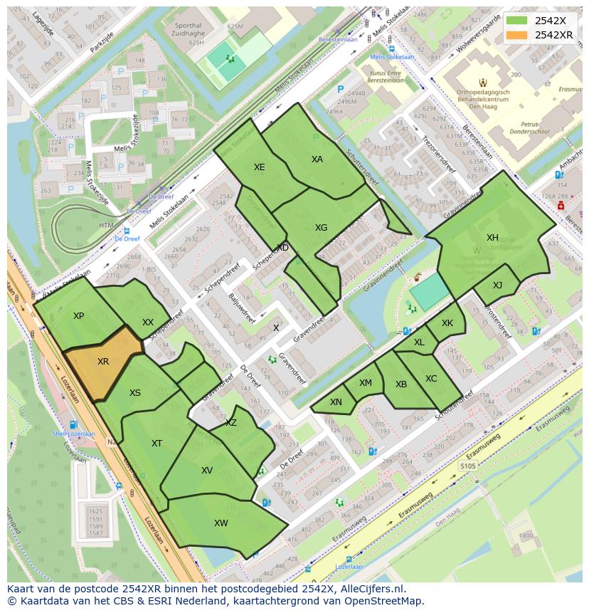 Afbeelding van het postcodegebied 2542 XR op de kaart.