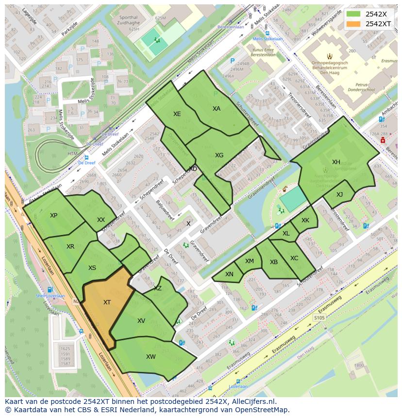 Afbeelding van het postcodegebied 2542 XT op de kaart.
