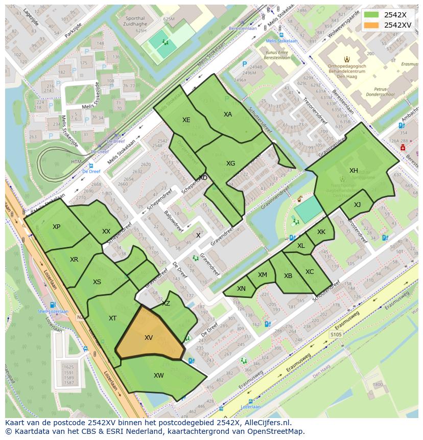 Afbeelding van het postcodegebied 2542 XV op de kaart.