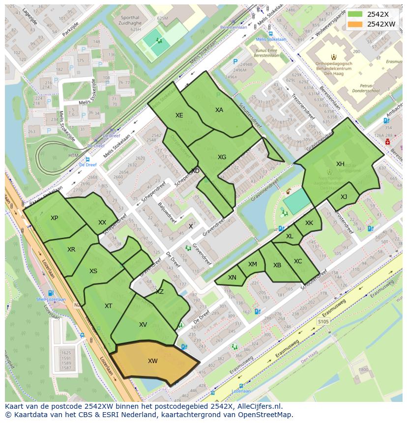 Afbeelding van het postcodegebied 2542 XW op de kaart.