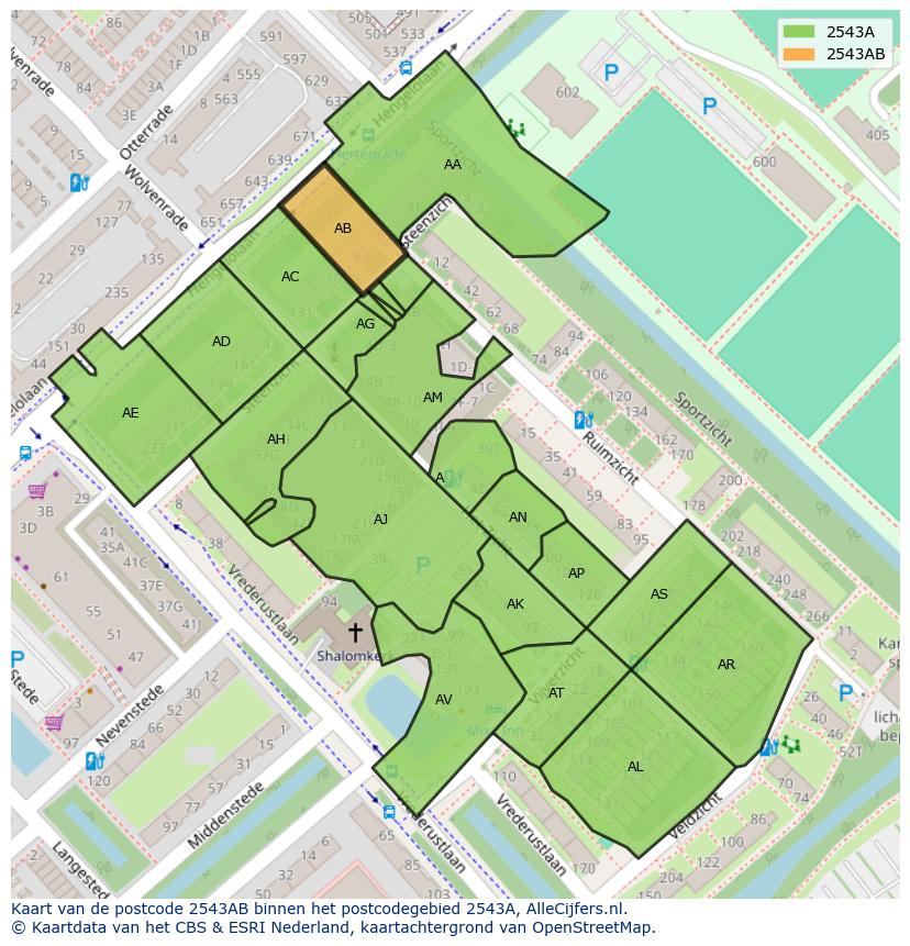 Afbeelding van het postcodegebied 2543 AB op de kaart.