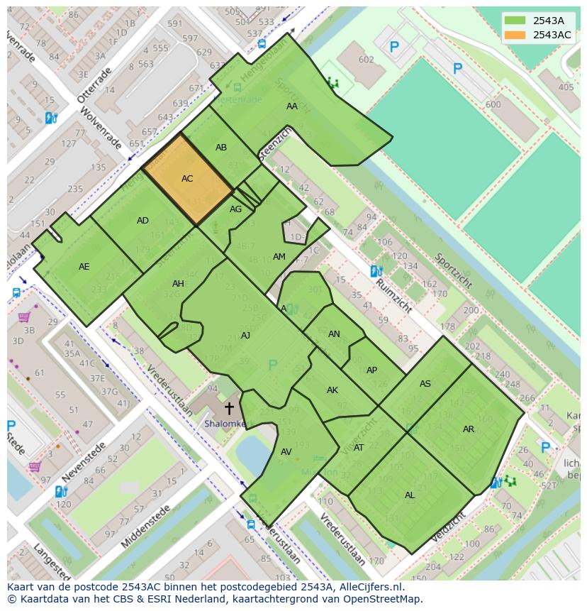 Afbeelding van het postcodegebied 2543 AC op de kaart.