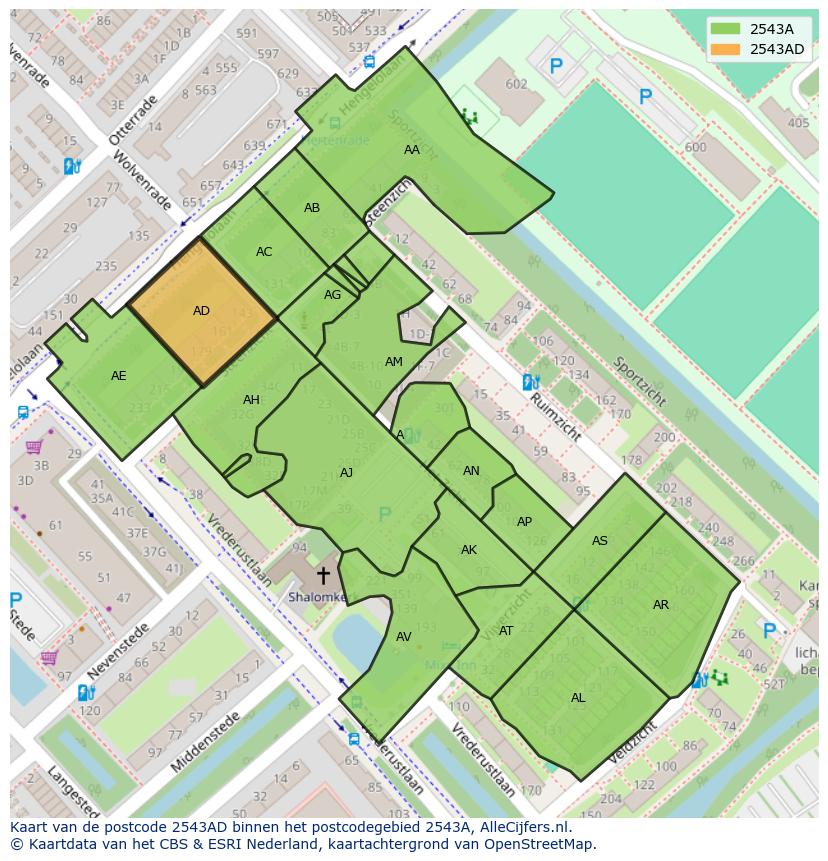 Afbeelding van het postcodegebied 2543 AD op de kaart.