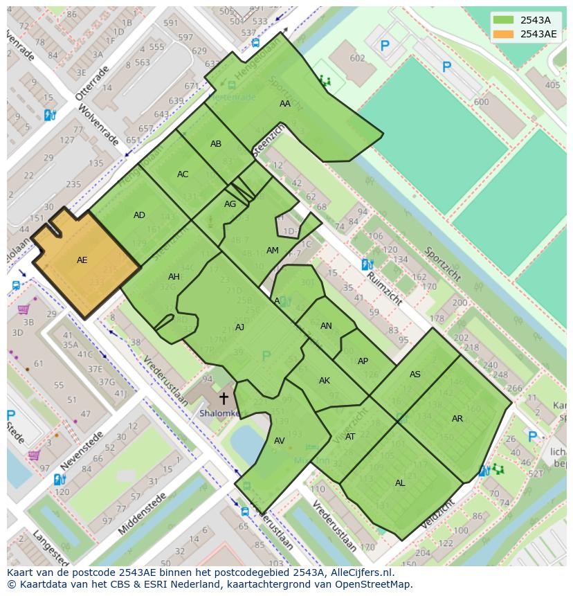 Afbeelding van het postcodegebied 2543 AE op de kaart.