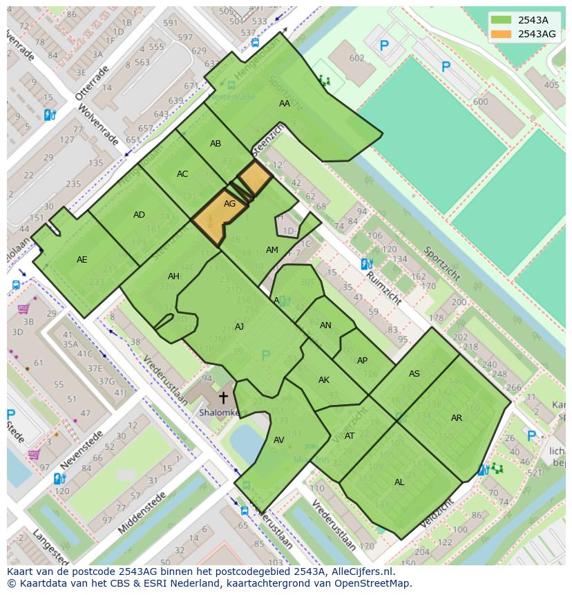 Afbeelding van het postcodegebied 2543 AG op de kaart.