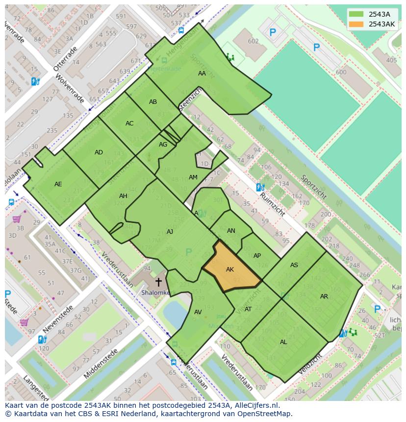 Afbeelding van het postcodegebied 2543 AK op de kaart.