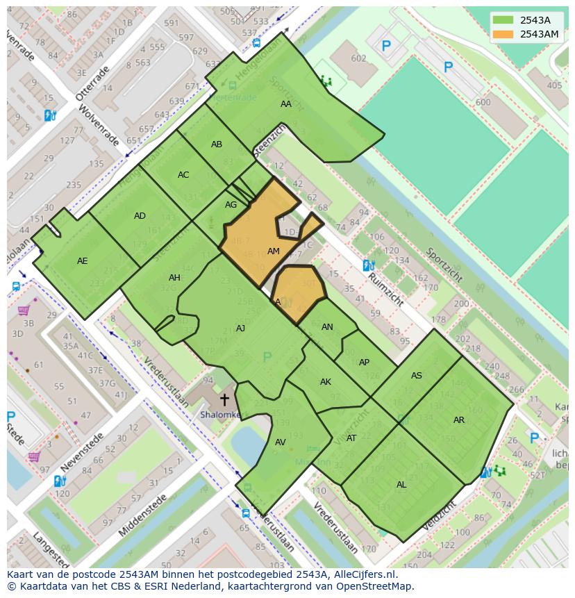 Afbeelding van het postcodegebied 2543 AM op de kaart.