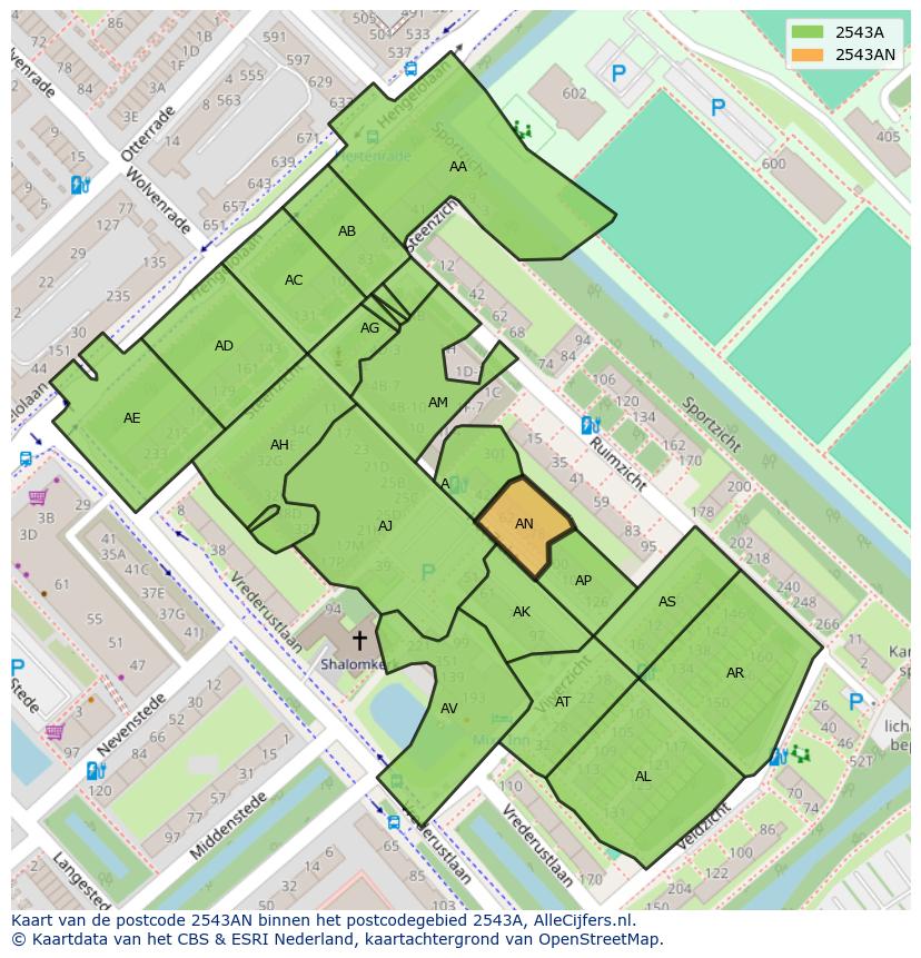 Afbeelding van het postcodegebied 2543 AN op de kaart.