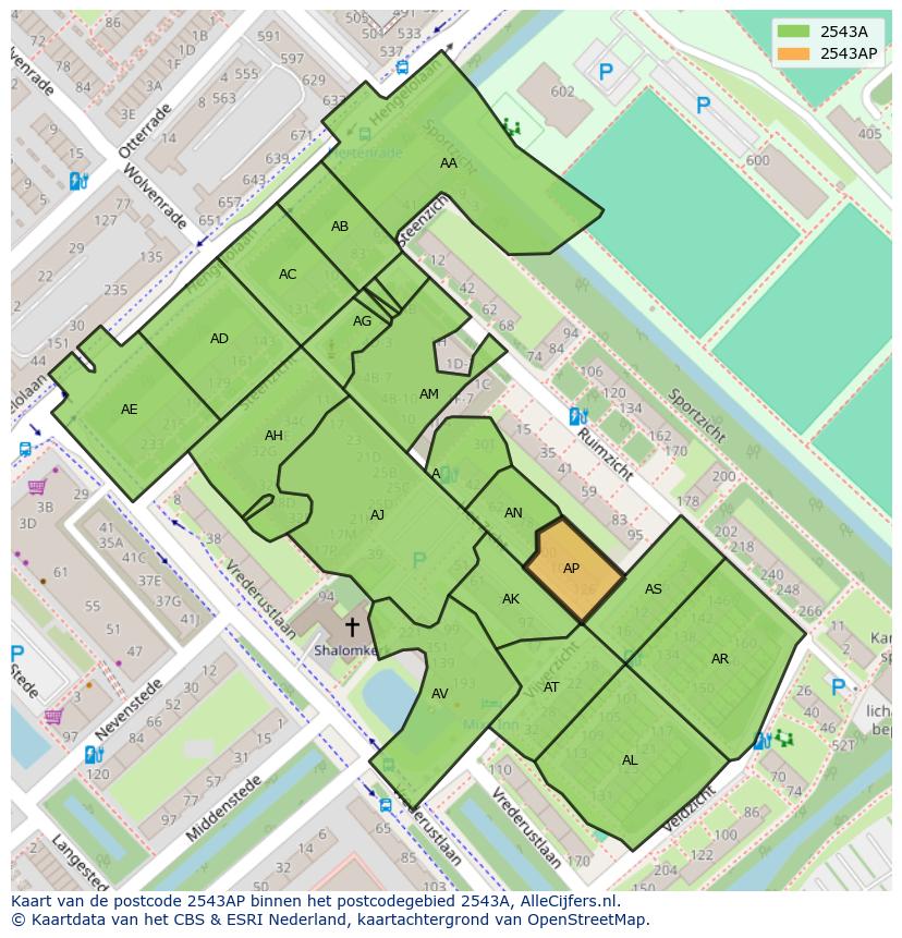 Afbeelding van het postcodegebied 2543 AP op de kaart.