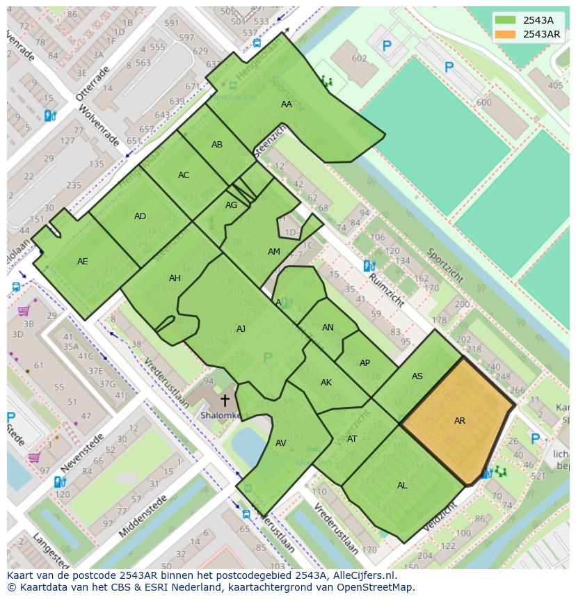 Afbeelding van het postcodegebied 2543 AR op de kaart.