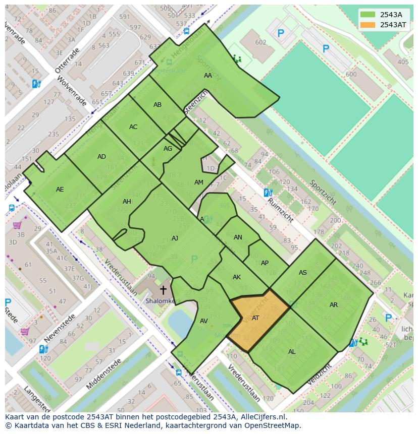Afbeelding van het postcodegebied 2543 AT op de kaart.