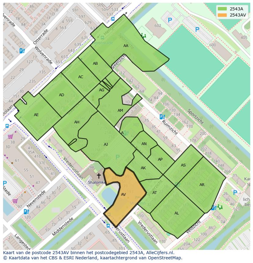 Afbeelding van het postcodegebied 2543 AV op de kaart.