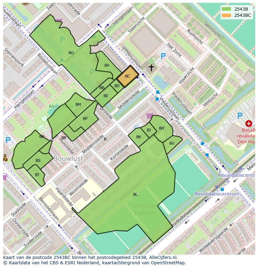 Afbeelding van het postcodegebied 2543 BC op de kaart.