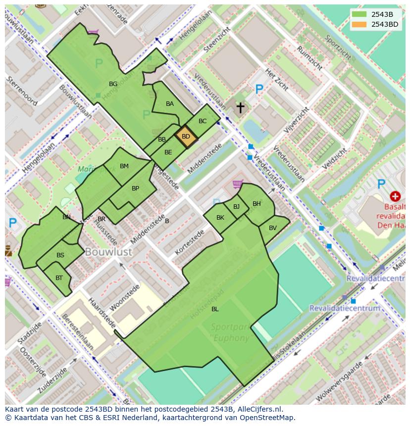 Afbeelding van het postcodegebied 2543 BD op de kaart.