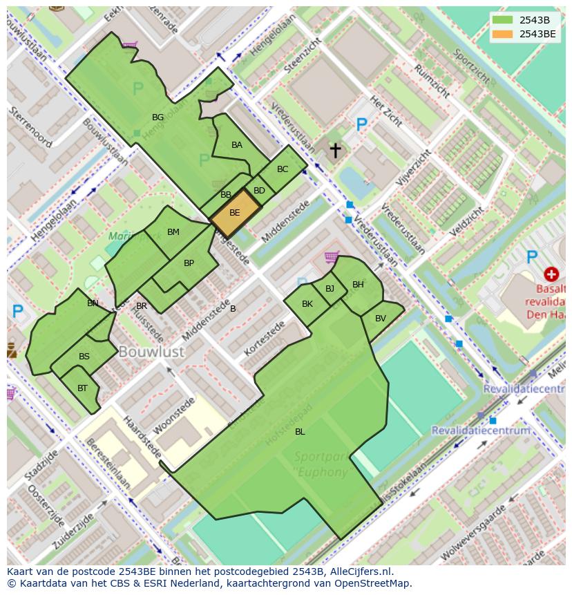 Afbeelding van het postcodegebied 2543 BE op de kaart.