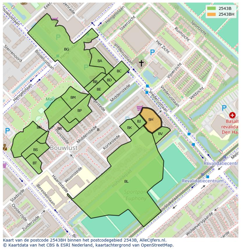 Afbeelding van het postcodegebied 2543 BH op de kaart.