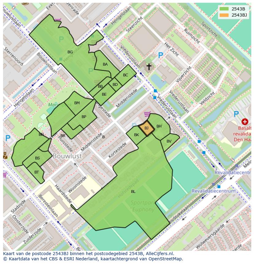 Afbeelding van het postcodegebied 2543 BJ op de kaart.