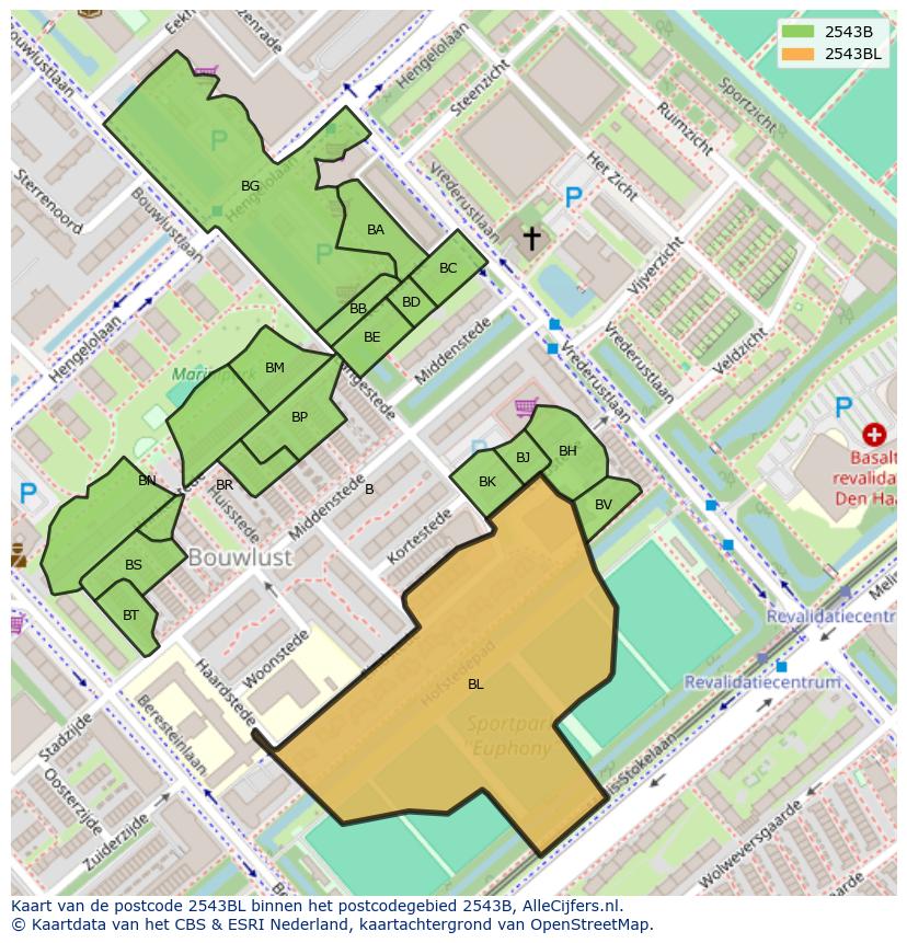Afbeelding van het postcodegebied 2543 BL op de kaart.