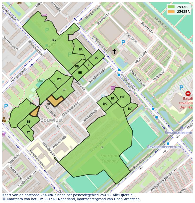 Afbeelding van het postcodegebied 2543 BR op de kaart.