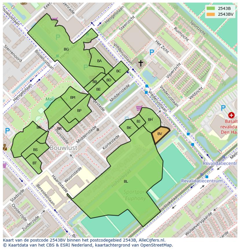 Afbeelding van het postcodegebied 2543 BV op de kaart.
