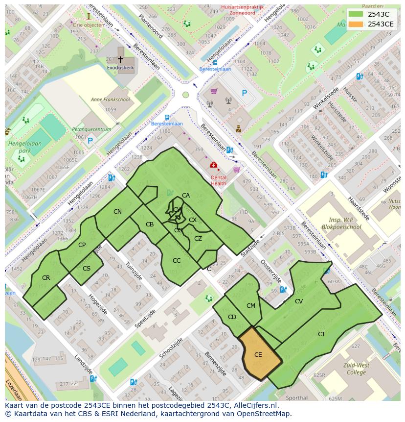Afbeelding van het postcodegebied 2543 CE op de kaart.