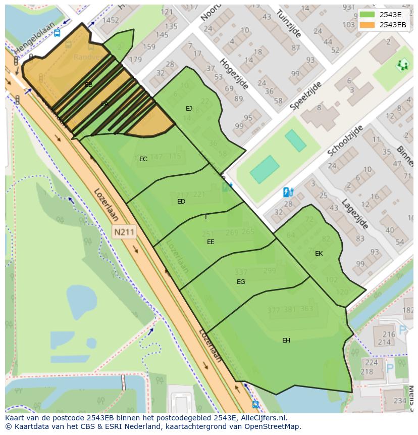 Afbeelding van het postcodegebied 2543 EB op de kaart.