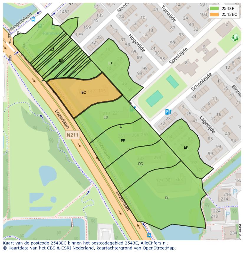 Afbeelding van het postcodegebied 2543 EC op de kaart.