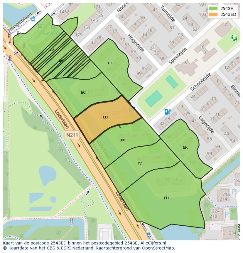 Afbeelding van het postcodegebied 2543 ED op de kaart.