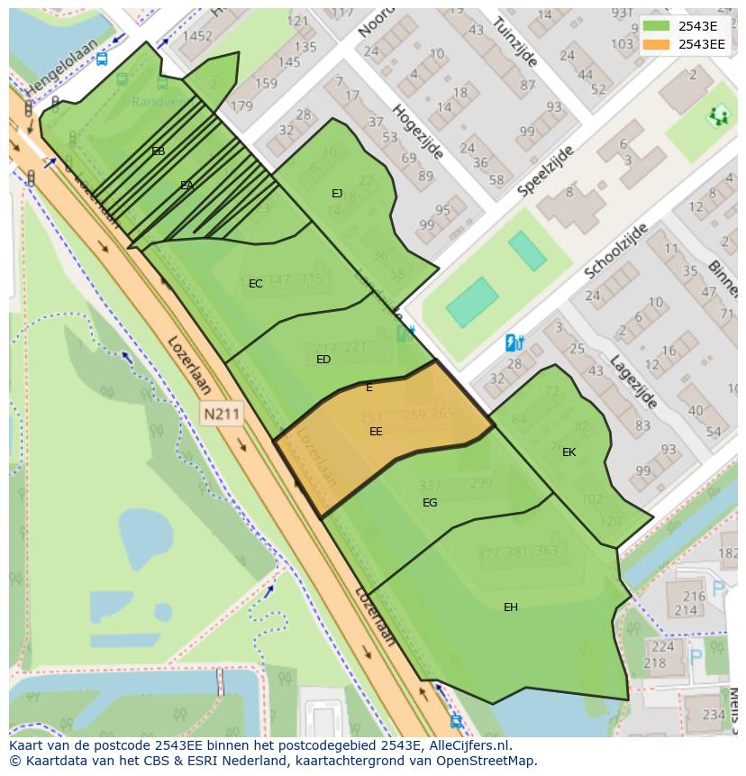 Afbeelding van het postcodegebied 2543 EE op de kaart.