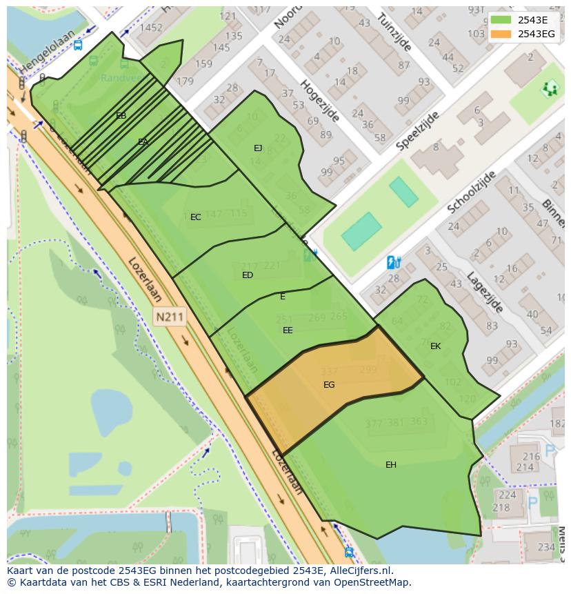 Afbeelding van het postcodegebied 2543 EG op de kaart.