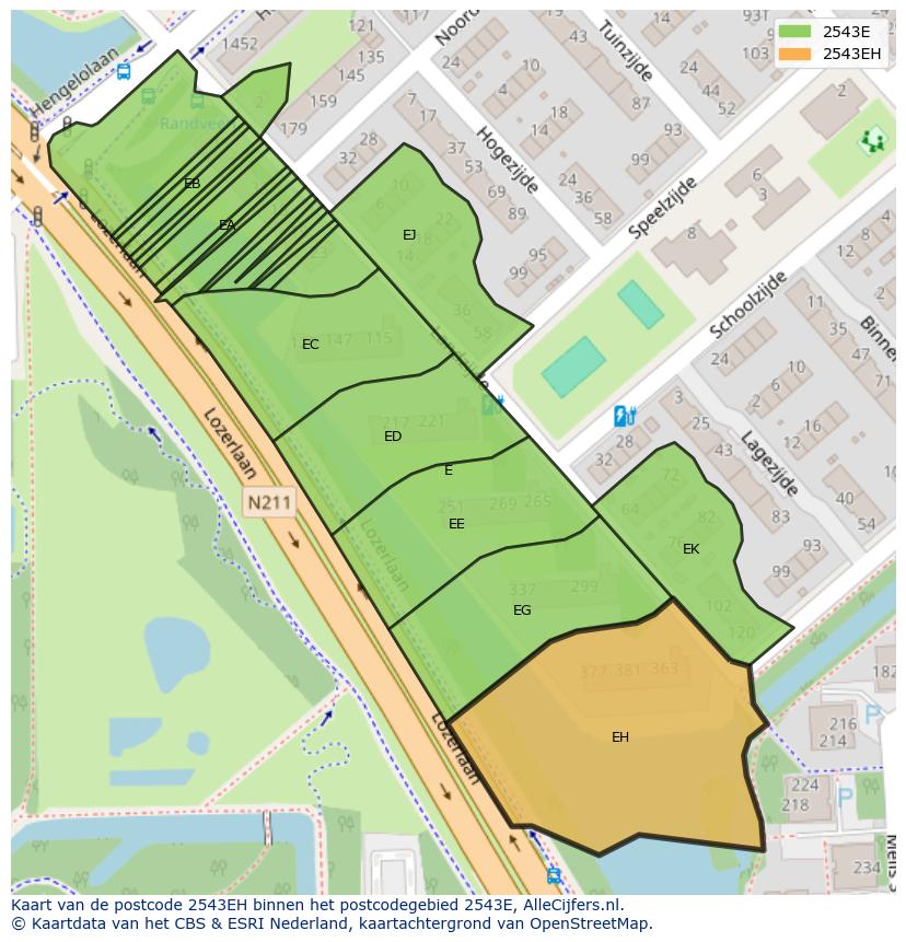 Afbeelding van het postcodegebied 2543 EH op de kaart.