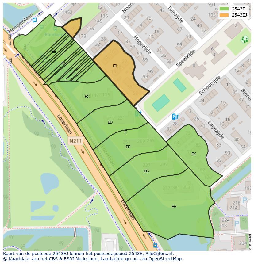 Afbeelding van het postcodegebied 2543 EJ op de kaart.