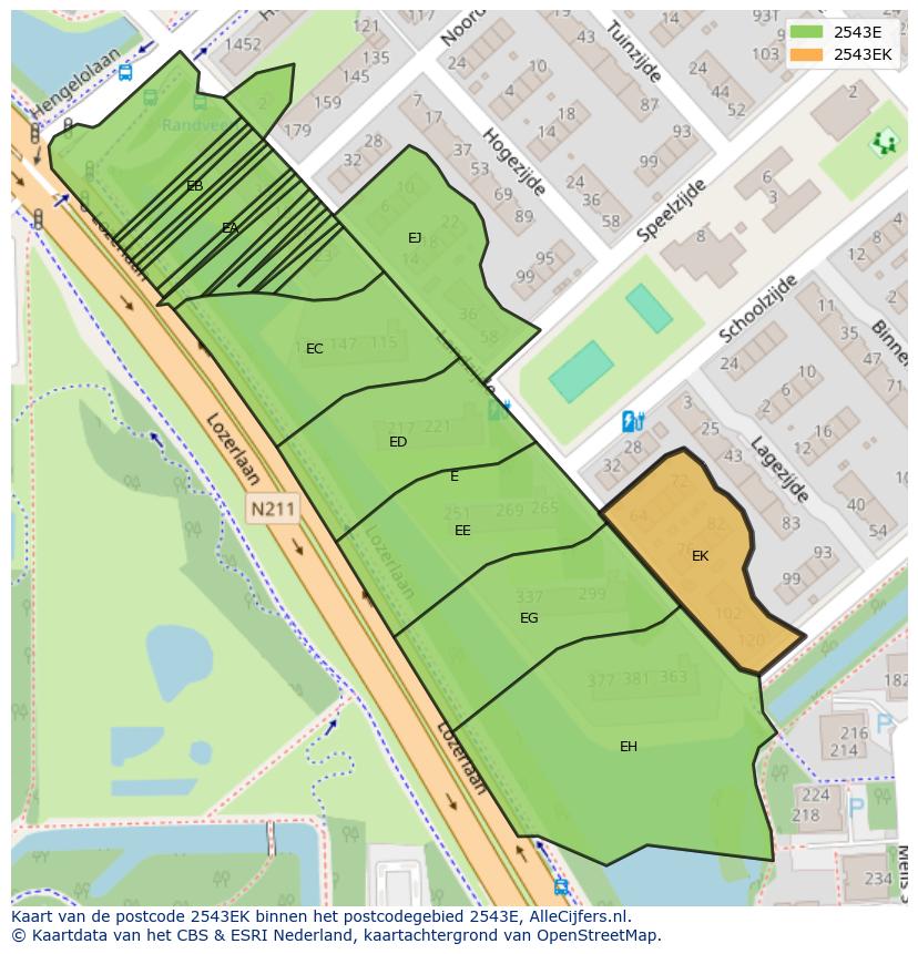 Afbeelding van het postcodegebied 2543 EK op de kaart.