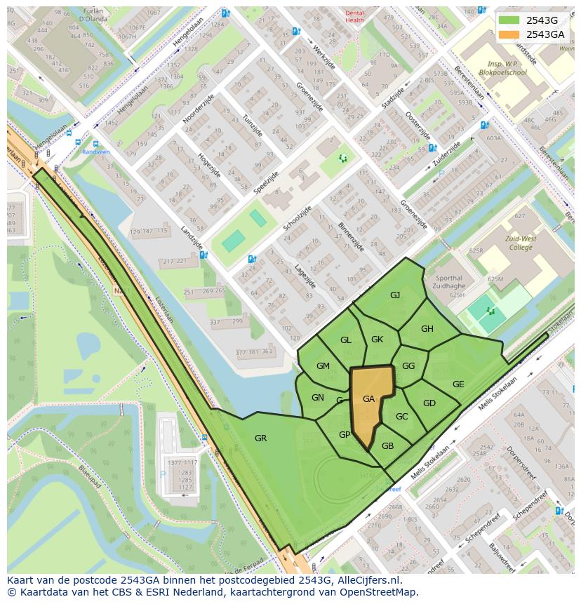 Afbeelding van het postcodegebied 2543 GA op de kaart.