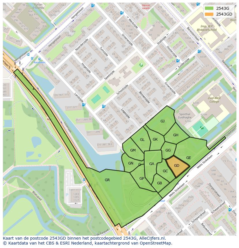 Afbeelding van het postcodegebied 2543 GD op de kaart.