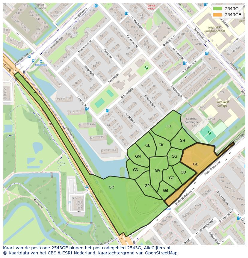 Afbeelding van het postcodegebied 2543 GE op de kaart.