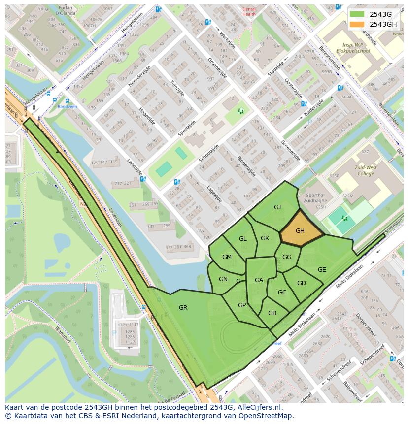 Afbeelding van het postcodegebied 2543 GH op de kaart.