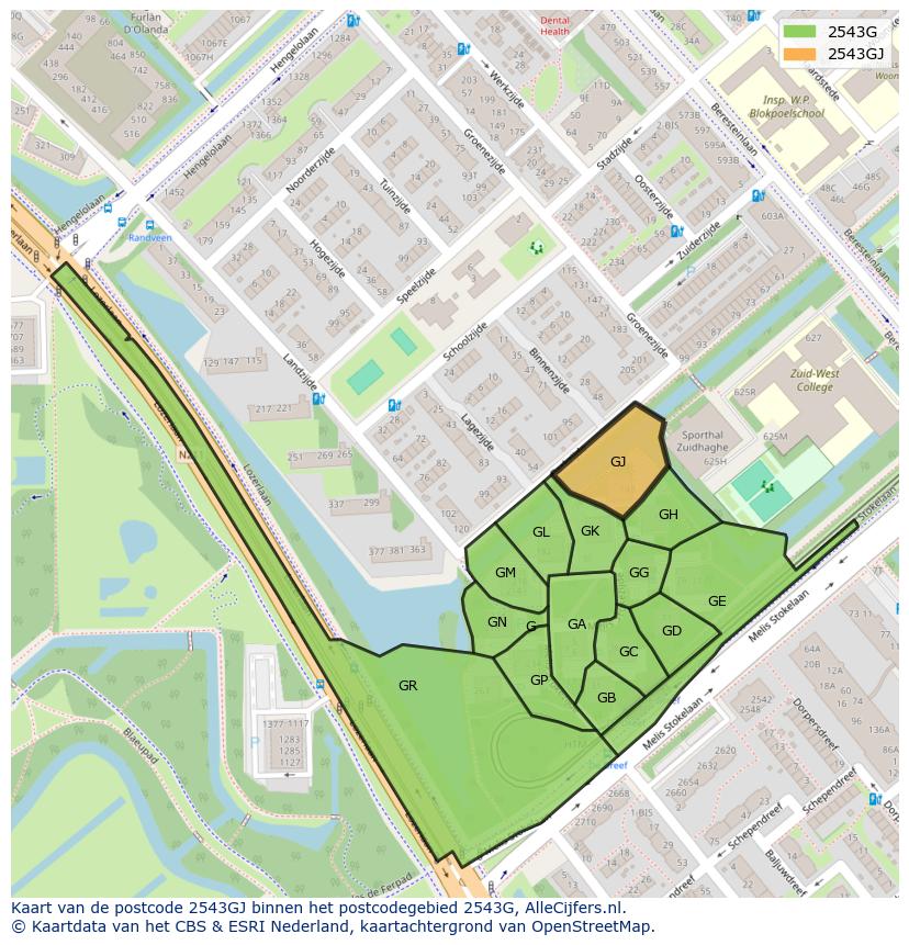 Afbeelding van het postcodegebied 2543 GJ op de kaart.