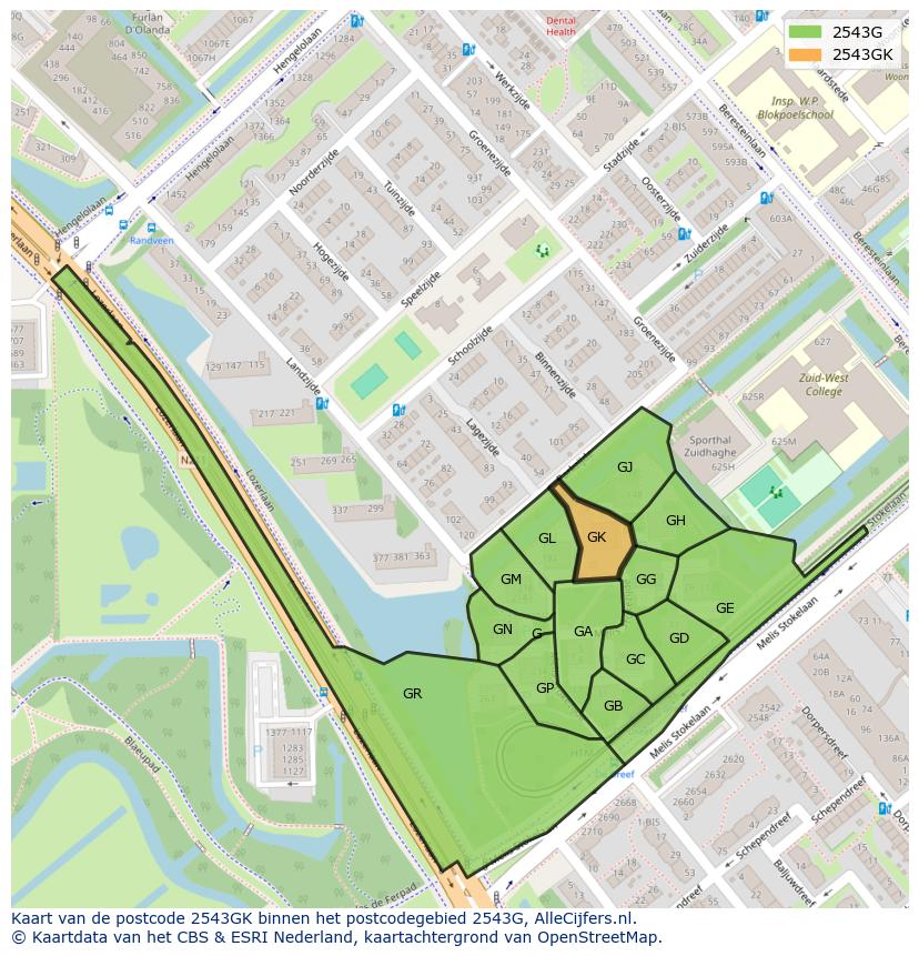 Afbeelding van het postcodegebied 2543 GK op de kaart.