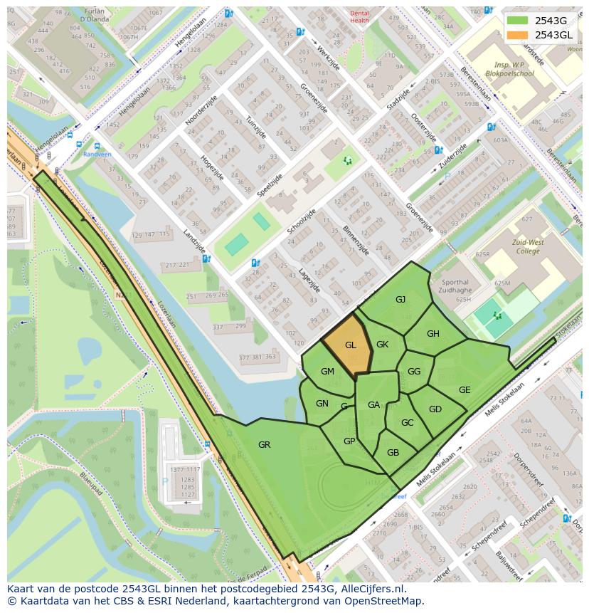 Afbeelding van het postcodegebied 2543 GL op de kaart.