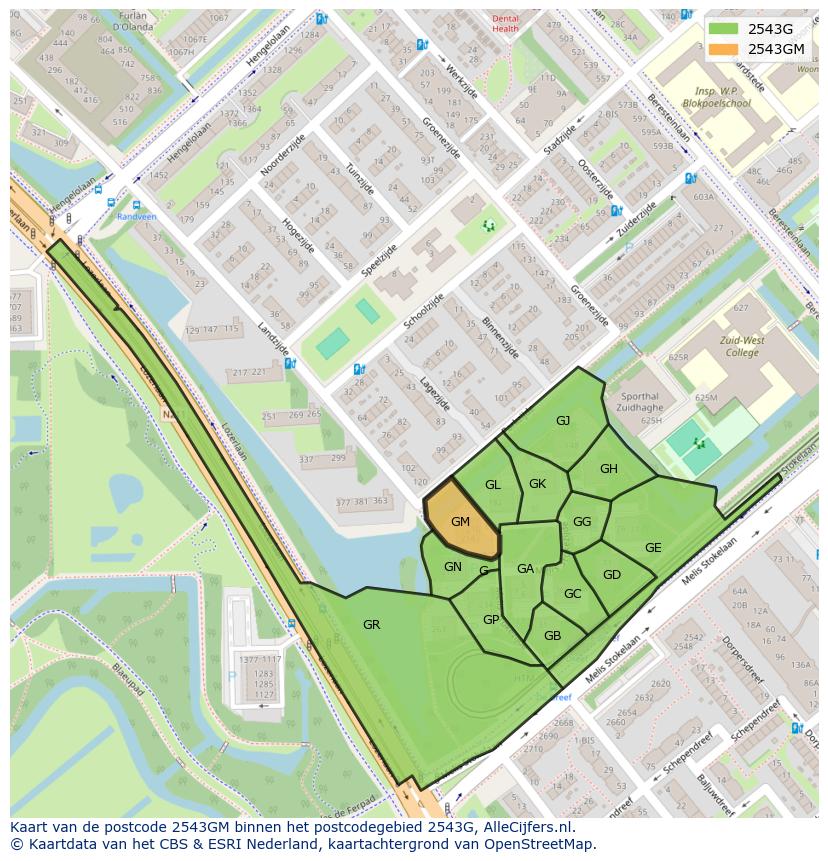 Afbeelding van het postcodegebied 2543 GM op de kaart.