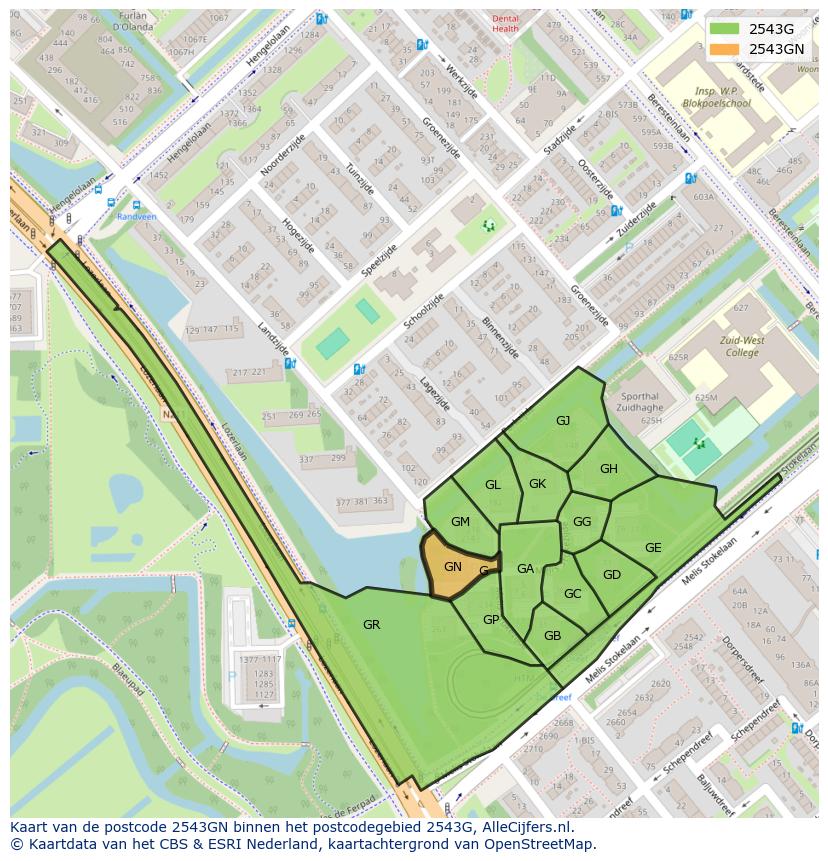 Afbeelding van het postcodegebied 2543 GN op de kaart.