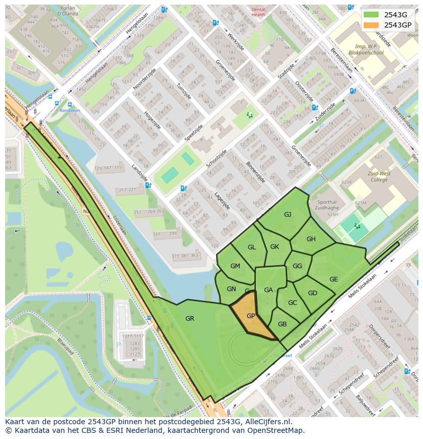 Afbeelding van het postcodegebied 2543 GP op de kaart.