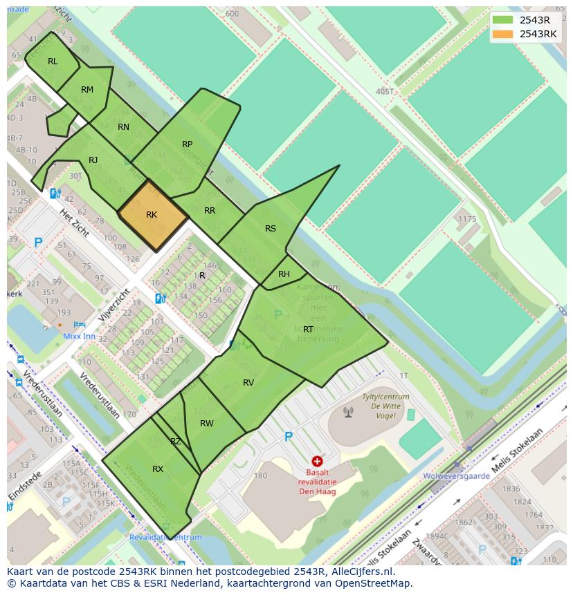 Afbeelding van het postcodegebied 2543 RK op de kaart.