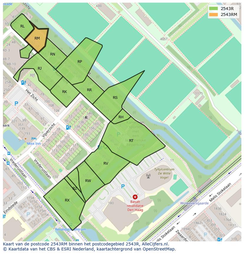 Afbeelding van het postcodegebied 2543 RM op de kaart.