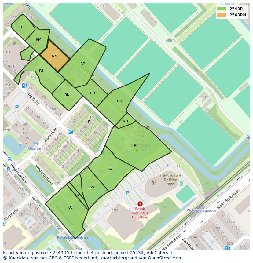 Afbeelding van het postcodegebied 2543 RN op de kaart.