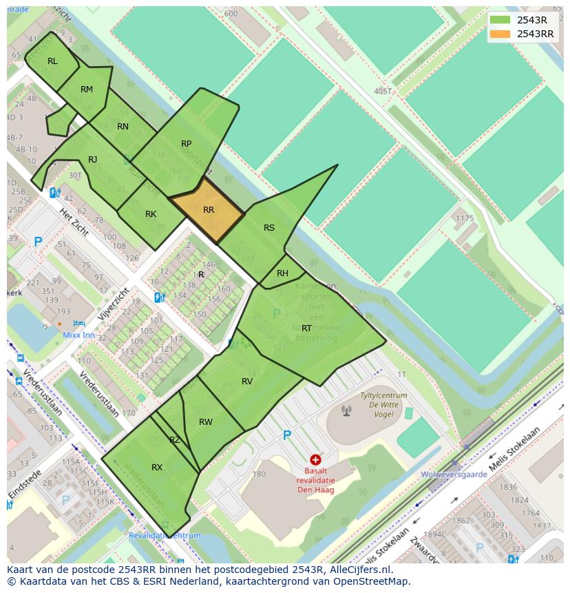 Afbeelding van het postcodegebied 2543 RR op de kaart.