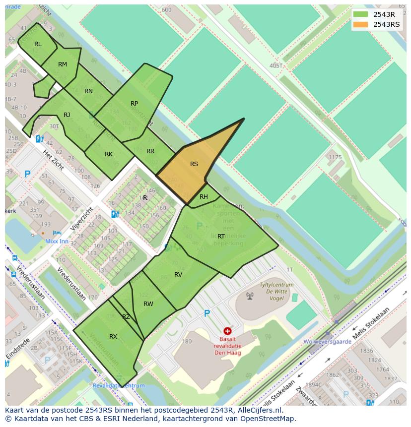 Afbeelding van het postcodegebied 2543 RS op de kaart.